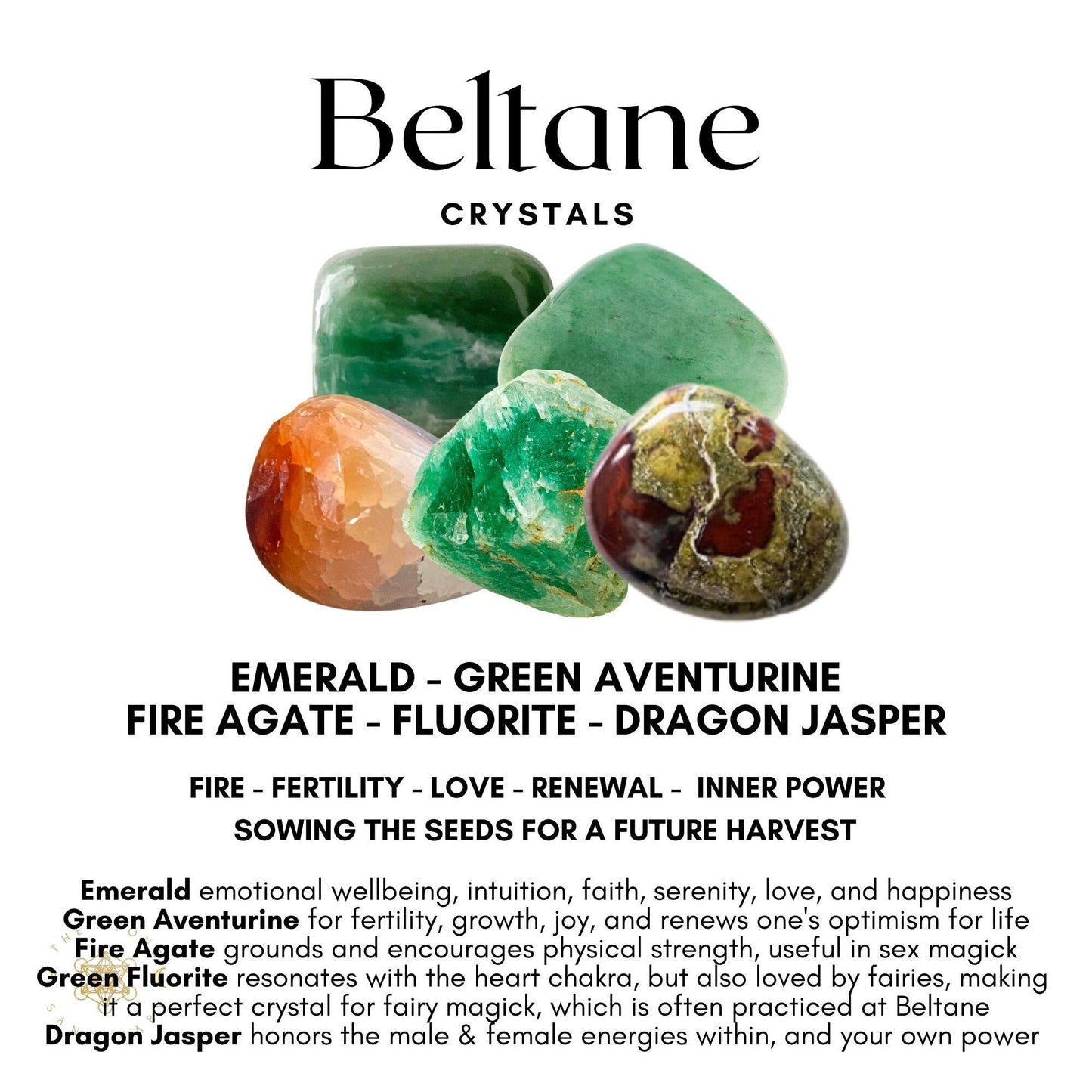 A promotional image for the Beltane Crystal Kit showcases five types of crystals: emerald, green aventurine, fire agate, fluorite, and dragon jasper. Descriptions detail their properties related to fire, fertility, love, renewal, and inner power. Indulge in these fertility crystals to awaken your inner potential.