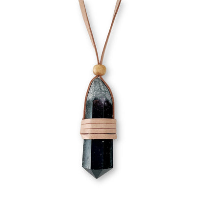 Black Tourmaline Leather Wrapped Point Necklace