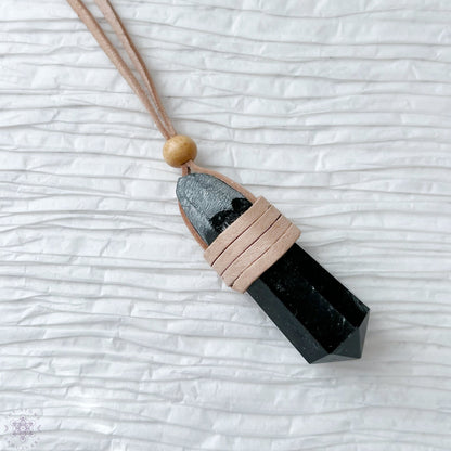 Black Tourmaline Leather Wrapped Point Necklace