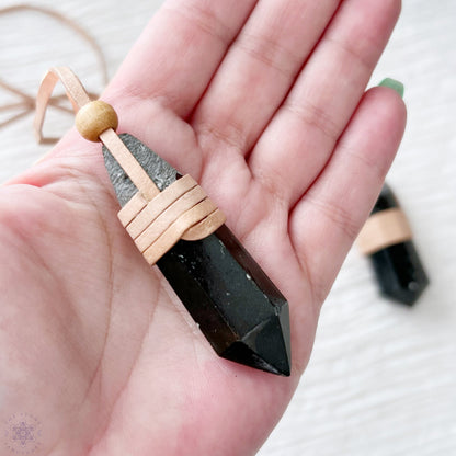 Black Tourmaline Leather Wrapped Point Necklace