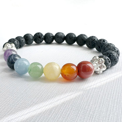 8mm Seven Chakra & Lava Rock Beaded Bracelet