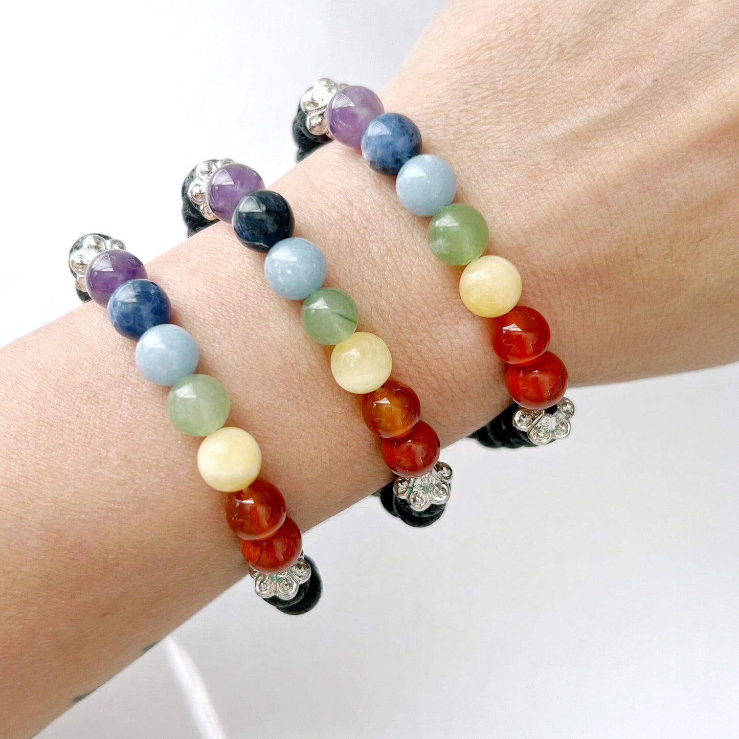 8mm Seven Chakra & Lava Rock Beaded Bracelet