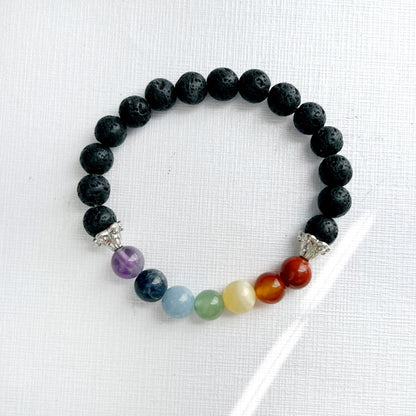 8mm Seven Chakra & Lava Rock Beaded Bracelet