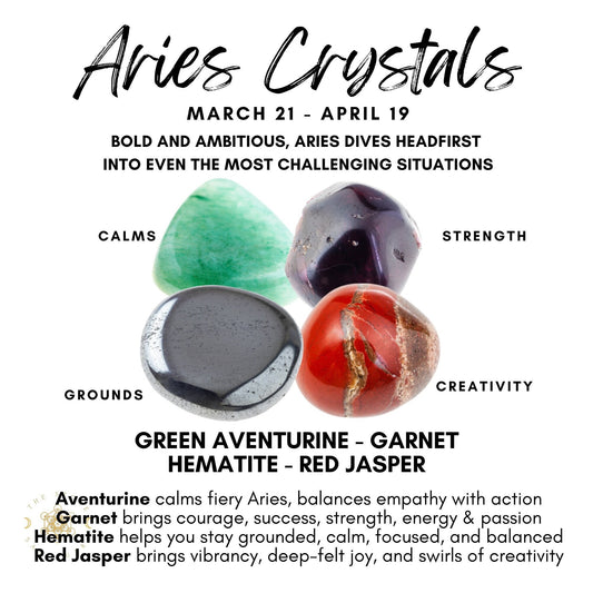 An image titled "Aries Crystals" showcases the Aries Crystal Kit, detailing the qualities of Green Aventurine for calming, Garnet for strength, Hematite for grounding, and Red Jasper for creativity. Dates March 21 - April 19 are shown. Perfect complement to Usui Reiki Energy practices.