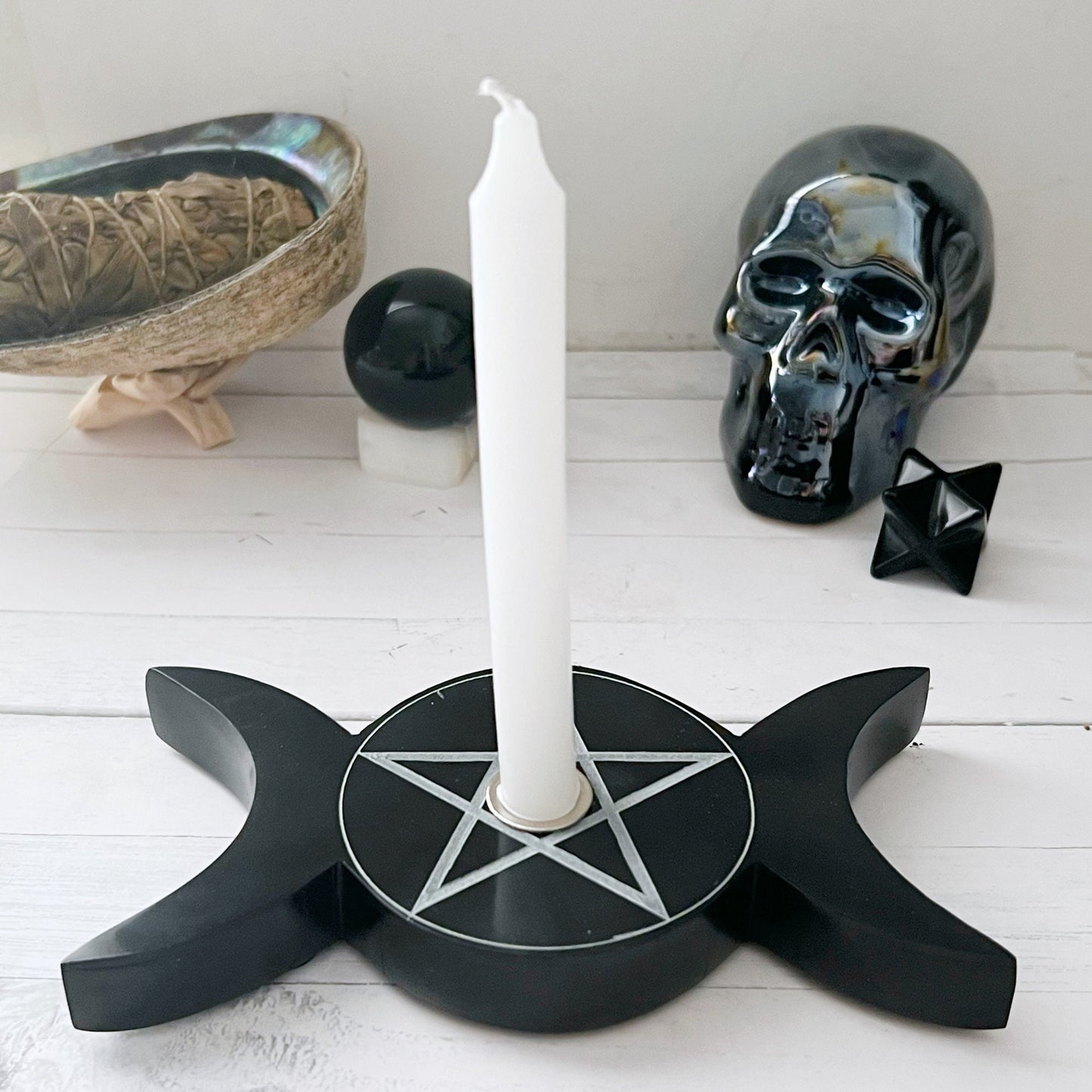 6" Black Soapstone Pentacle Candle Holder