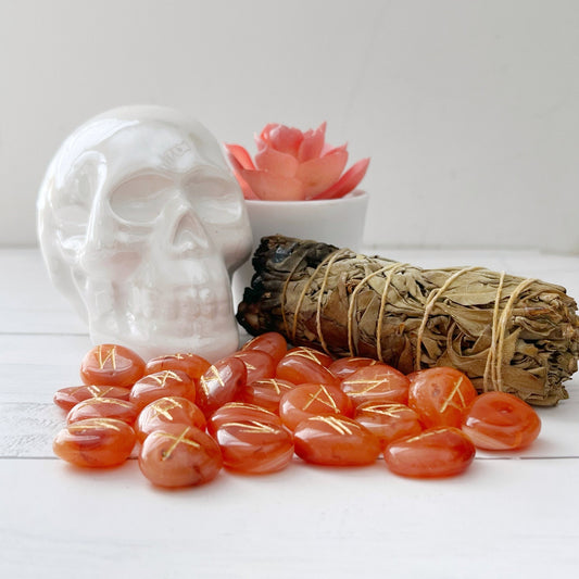 A display featuring an arrangement of orange Carnelian Elder Futhark Runes stones etched with gold symbols, a bundle of dried sage tied with string, a ceramic white skull, and a small pink succulent plant in a white pot. The items are set on a white surface, creating an enchanting scene for divination practices.