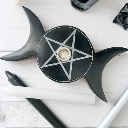 6" Black Soapstone Pentacle Candle Holder