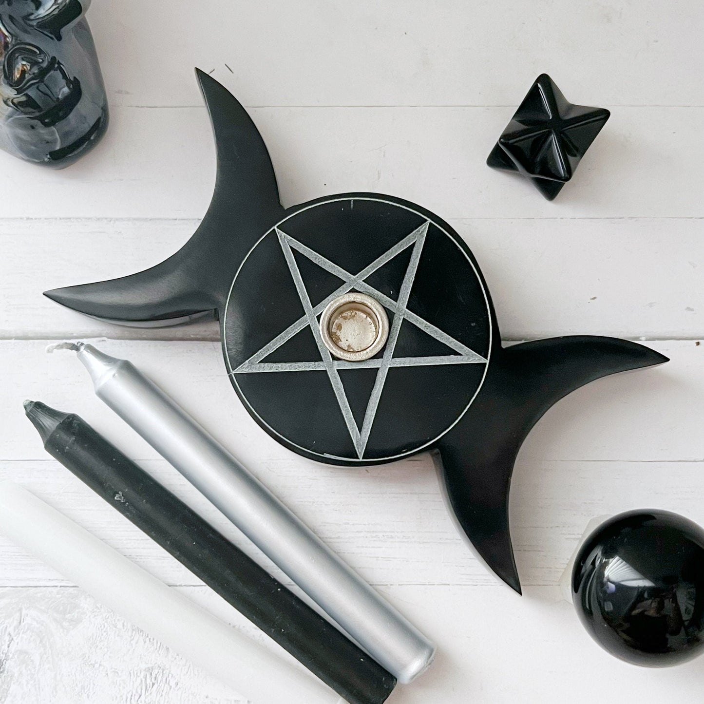 6" Black Soapstone Pentacle Candle Holder