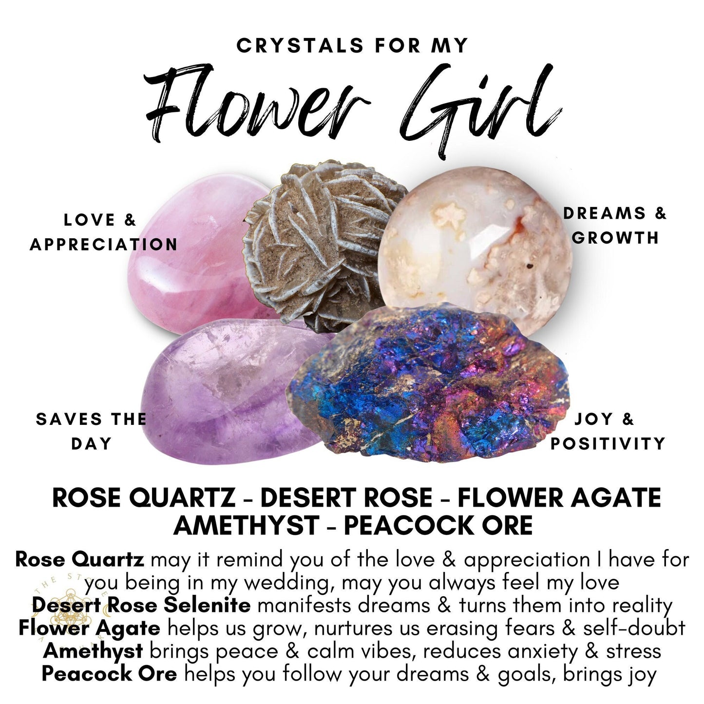 An assortment of the Flower Girl Crystal Kit over a white background, each with associated text describing their meanings: Rose Quartz for love and appreciation, Desert Rose for saving the day, Flower Agate for joy and positivity, Amethyst for dreams and growth, and Peacock Ore.