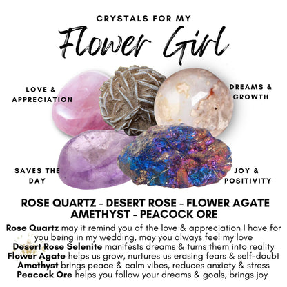 An assortment of the Flower Girl Crystal Kit over a white background, each with associated text describing their meanings: Rose Quartz for love and appreciation, Desert Rose for saving the day, Flower Agate for joy and positivity, Amethyst for dreams and growth, and Peacock Ore.