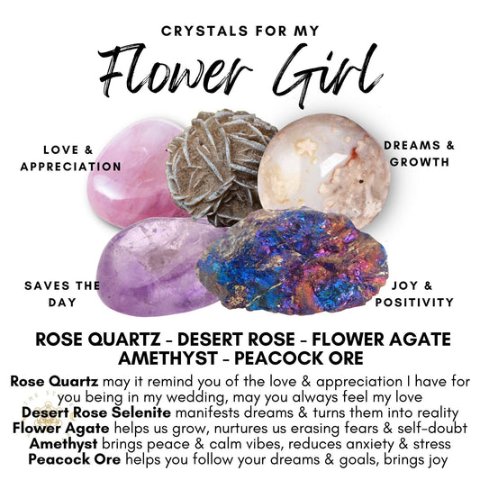 An assortment of the Flower Girl Crystal Kit over a white background, each with associated text describing their meanings: Rose Quartz for love and appreciation, Desert Rose for saving the day, Flower Agate for joy and positivity, Amethyst for dreams and growth, and Peacock Ore.