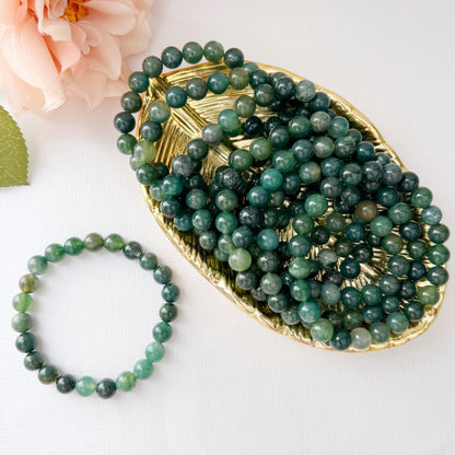 8mm Green Moss Agate Beaded Bracelet