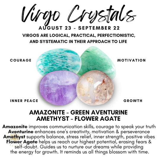 A graphic for the Virgo Crystal Kit, dated August 23 - September 22, highlights Virgo traits: logical, practical, perfectionistic, and systematic. It displays four Virgo crystals: Amazonite (Courage), Green Aventurine (Motivation), Amethyst (Peace), and Flower Agate (Growth) imbued with Reiki Energy.