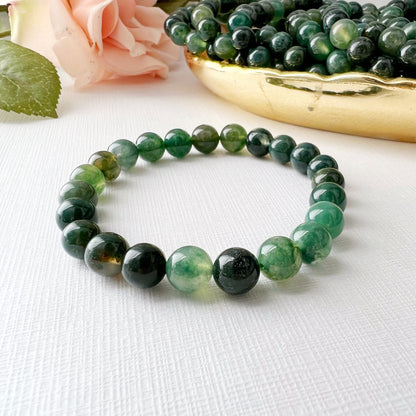 8mm Green Moss Agate Beaded Bracelet