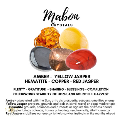 A cluster of five Mabon Crystals Kit: amber, yellow jasper, hematite, copper, and red jasper. These healing crystals signify prosperity, protection, grounding, gratitude, sharing, and blessings. Perfect for celebrating the Autumn Equinox.