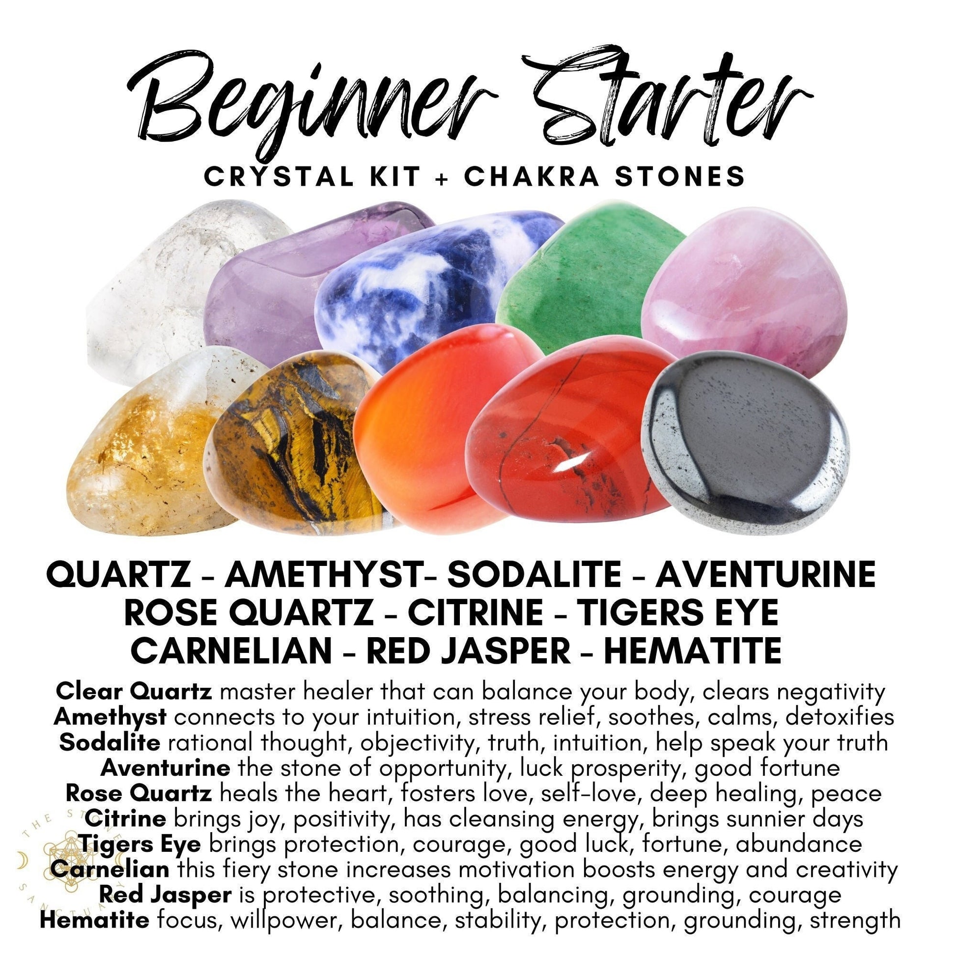 Image of several multicolored stones labeled from left to right: Quartz, Amethyst, Sodalite, Aventurine, Rose Quartz, Citrine, Tigers Eye, Carnelian, Red Jasper, and Hematite. Text below describes the properties and benefits of each healing crystal in your Beginner Tumbled Crystal Kit for your crystal journey.