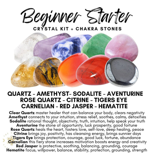 Image of several multicolored stones labeled from left to right: Quartz, Amethyst, Sodalite, Aventurine, Rose Quartz, Citrine, Tigers Eye, Carnelian, Red Jasper, and Hematite. Text below describes the properties and benefits of each healing crystal in your Beginner Tumbled Crystal Kit for your crystal journey.