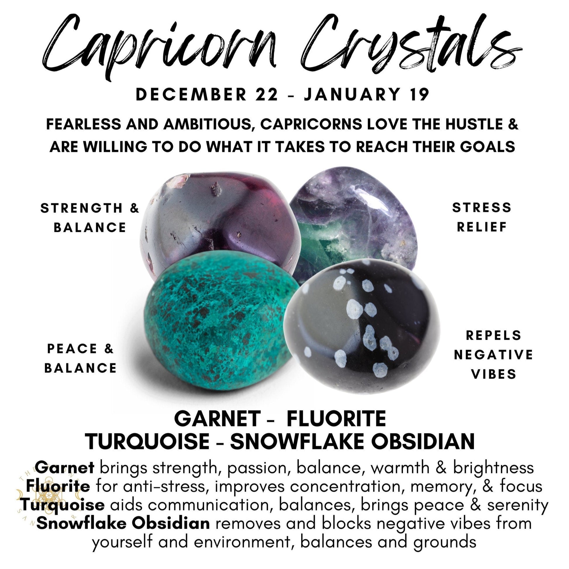 An image titled "Capricorn Crystals" highlights a Capricorn Crystal Kit containing garnet, fluorite, turquoise, and snowflake obsidian. Each crystal's benefits for Capricorns include strength, balance, relieving stress, repelling negative vibes, peace, and personal growth. Perfect for channeling Reiki Energy.