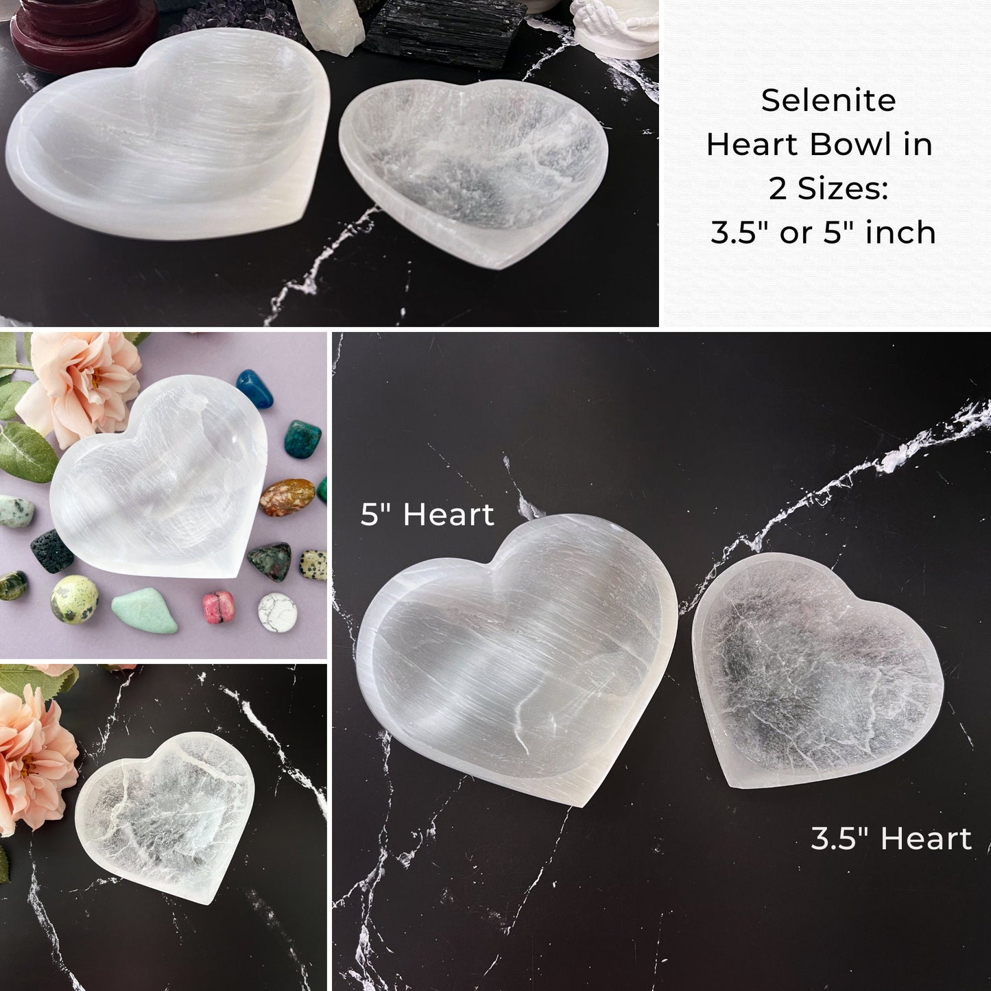 A collection of translucent and opaque stone carvings shaped like moons and hearts, arranged on a black surface scattered with small gold star confetti. Among the shapes are crescent moons and full hearts, primarily white, with one prominent reddish heart. Holiday ornaments, sprigs of greenery, and Selenite Bowl - Select Your Shape and Size surround the scene.