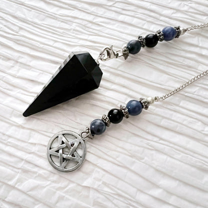 Black Obsidian Hexagonal Pendulum with Sodalite & Pentacle Charm