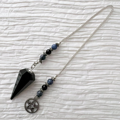 Black Obsidian Hexagonal Pendulum with Sodalite & Pentacle Charm