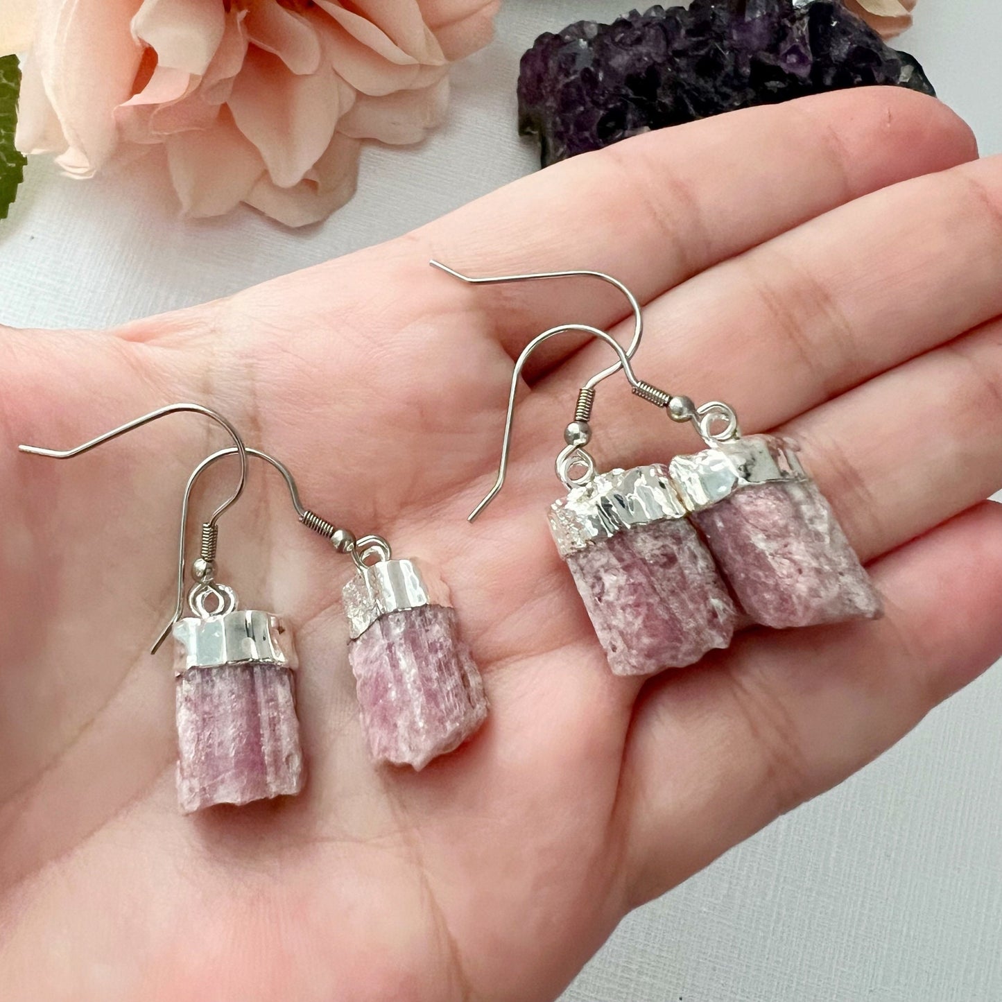 Raw Pink Tourmaline Point Dangle Earrings