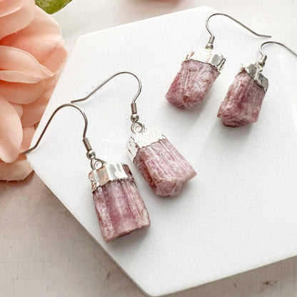 Raw Pink Tourmaline Point Dangle Earrings