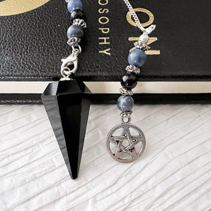 Black Obsidian Hexagonal Pendulum with Sodalite & Pentacle Charm