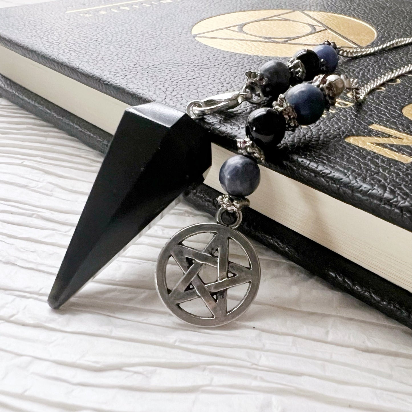 Black Obsidian Hexagonal Pendulum with Sodalite & Pentacle Charm