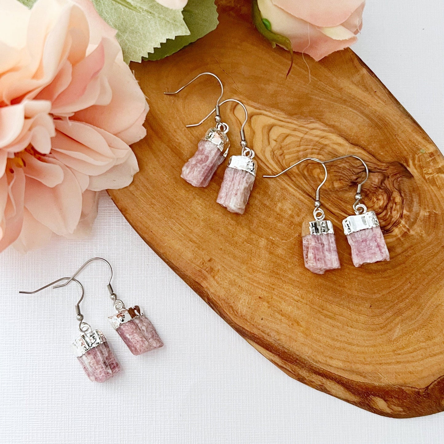 Raw Pink Tourmaline Point Dangle Earrings