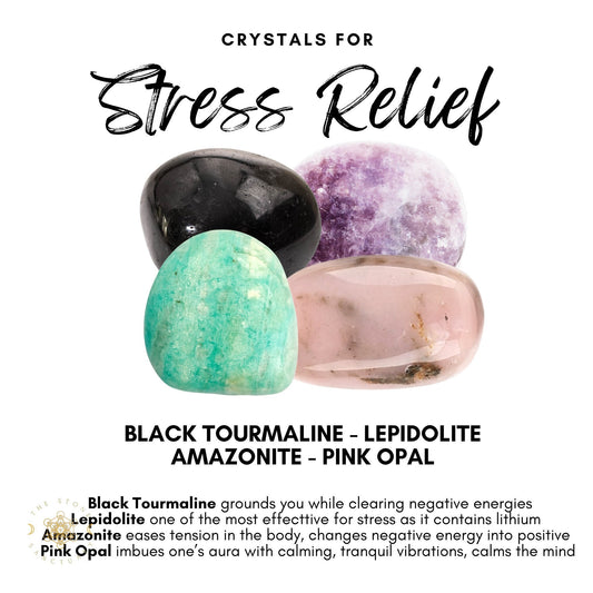 A promotional image for "Stress Relief Crystal Kit" showcasing Black Tourmaline, Lepidolite, Amazonite, and Pink Opal. The text details how each crystal—especially Lepidolite—helps reduce stress and enhance calmness.