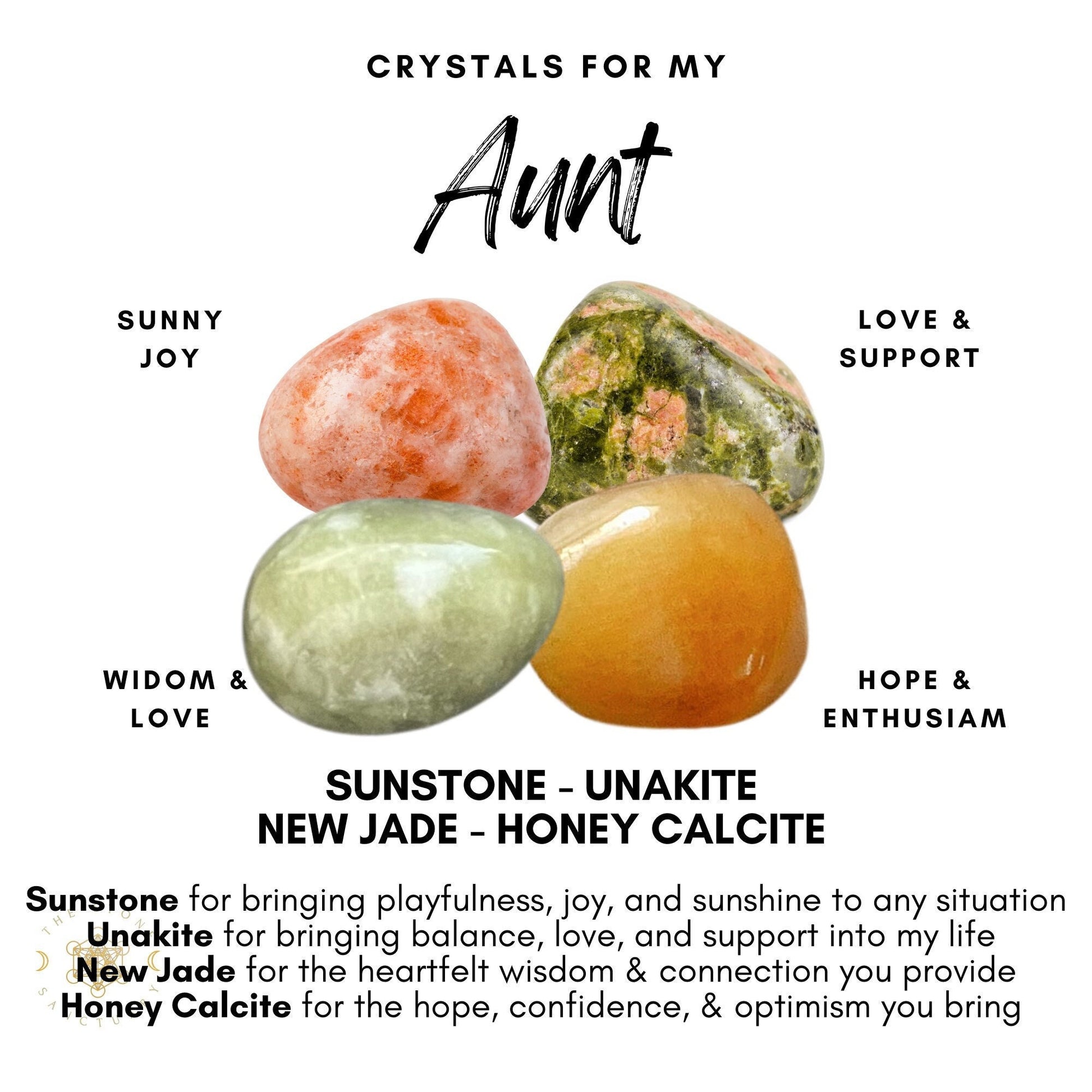 Image titled "Aunt Crystal Kit" showcasing four enchanting gemstones: Sunstone (Sunny Joy), Unakite (Love & Support), New Jade (Wisdom & Love), and Honey Calcite (Hope & Enthusiasm). Descriptions below mention each tumbled stone's beneficial properties, perfect for an Aunt Crystal Kit.