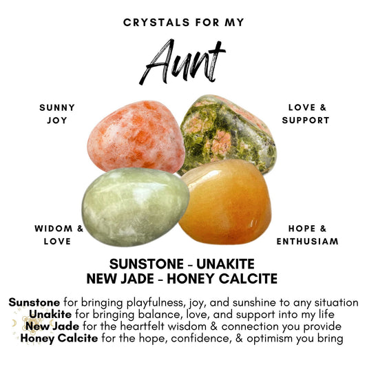 Image titled "Aunt Crystal Kit" showcasing four enchanting gemstones: Sunstone (Sunny Joy), Unakite (Love & Support), New Jade (Wisdom & Love), and Honey Calcite (Hope & Enthusiasm). Descriptions below mention each tumbled stone's beneficial properties, perfect for an Aunt Crystal Kit.