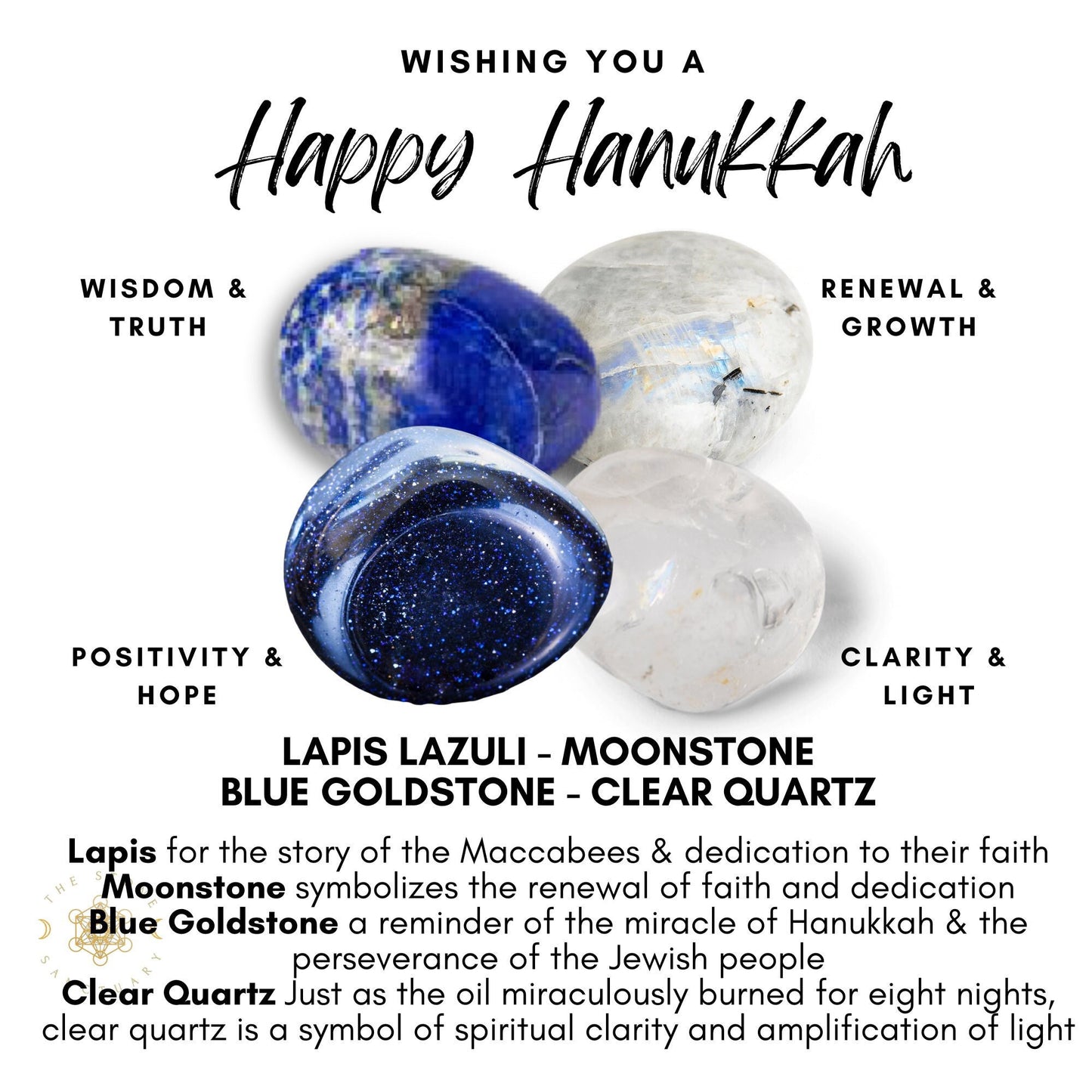 An image wishing "Happy Hanukkah," featuring gemstones like Lapis Lazuli (symbolizing wisdom and truth), Moonstone (renewal and growth), Blue Goldstone (positivity and hope), and Clear Quartz (clarity and light). Below each stone, its symbolic meaning is described—a perfect Happy Hanukkah Crystal Kit.